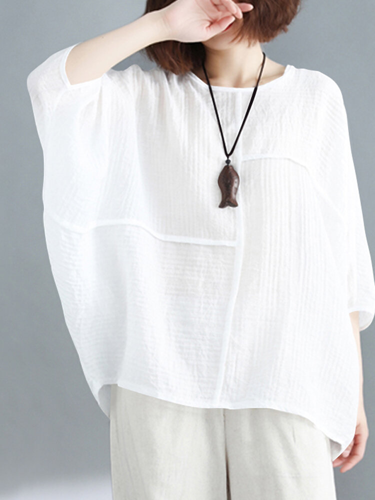 Solid Round Neck Bat Sleeve Casual Blouse Solid Round Neck Bat Sleeve Casual Blouse