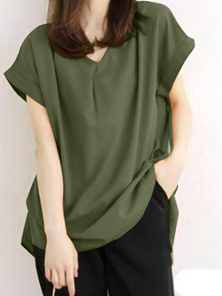 Solid Ruched Short Sleeve V Neck Casual Blouse Solid Ruched Short Sleeve V Neck Casual Blouse
