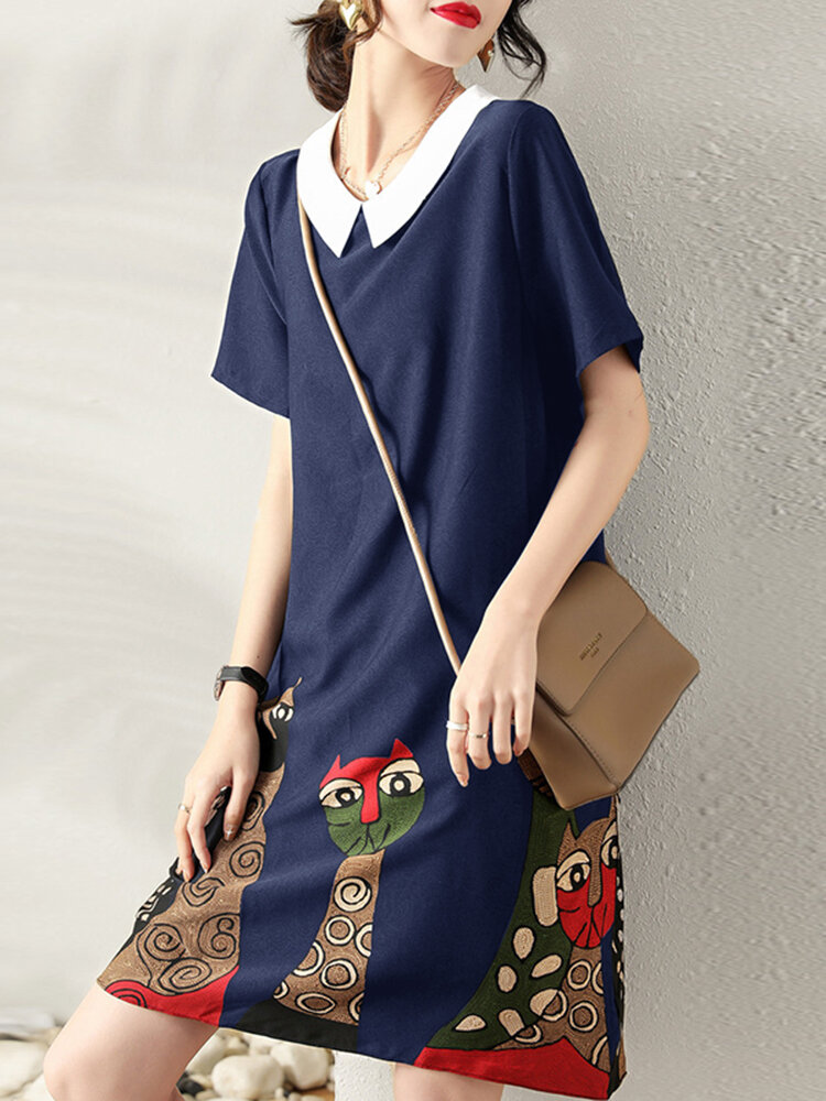 Cartoon Cat Print Contrast Peter Pan Collar Short Sleeve Dress Cartoon Cat Print Contrast Peter Pan Collar Short Sleeve Dress