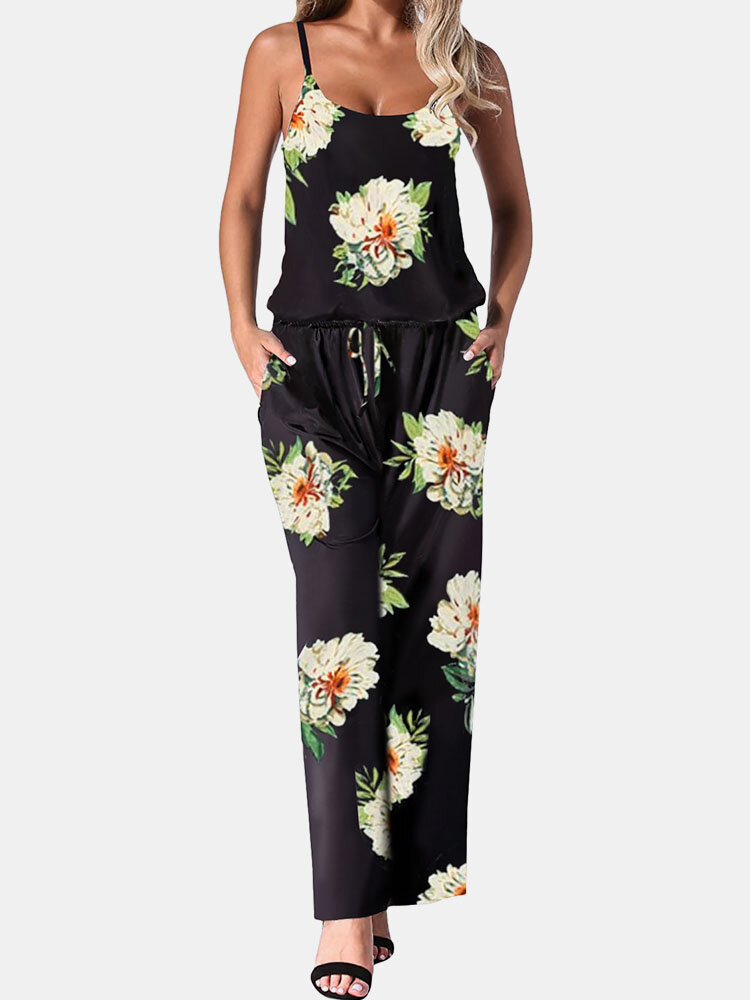 Flower Print Drawstring Pocket Strap Jumpsuit For Women