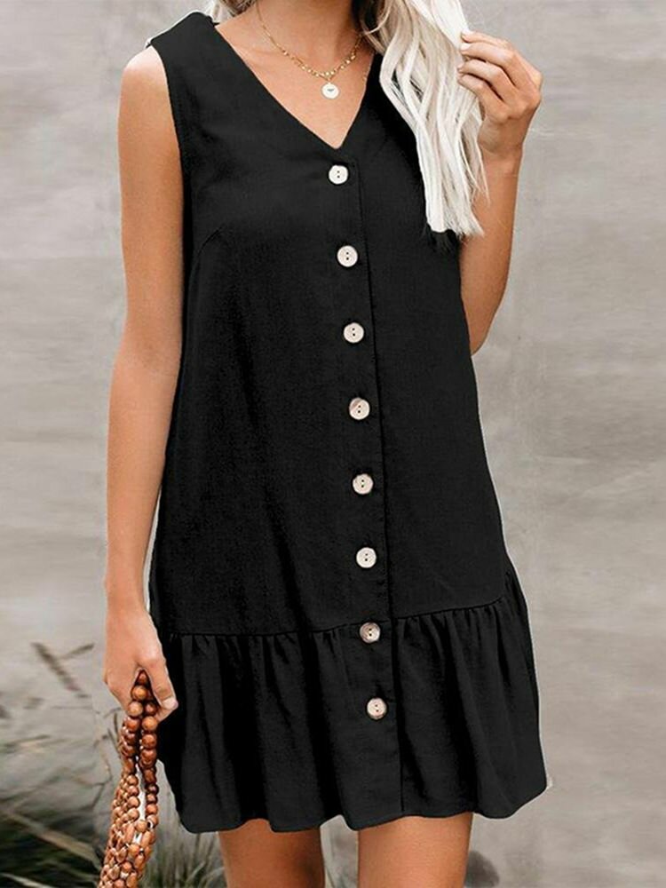 Cotton Solid Button Ruffle Sleeveless V Neck Casual Dress Cotton Solid Button Ruffle Sleeveless V Neck Casual Dress