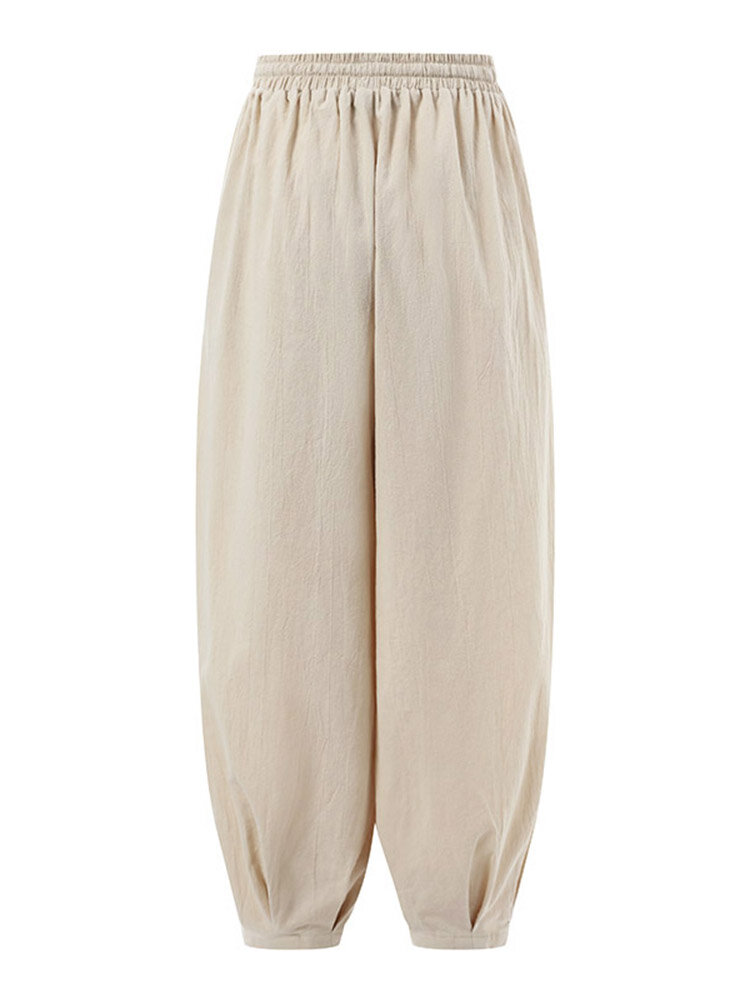 Solid Elastic Waist Drawstring Pocket Cotton Casual Pants Solid Elastic Waist Drawstring Pocket Cotton Casual Pants