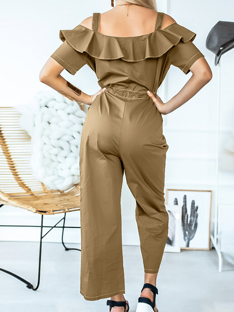 Solid Color Button Pocket Drawstring Off shoulder Ruffle Casual Jumpsuit Solid Color Button Pocket Drawstring Off shoulder Ruffle Casual Jumpsuit