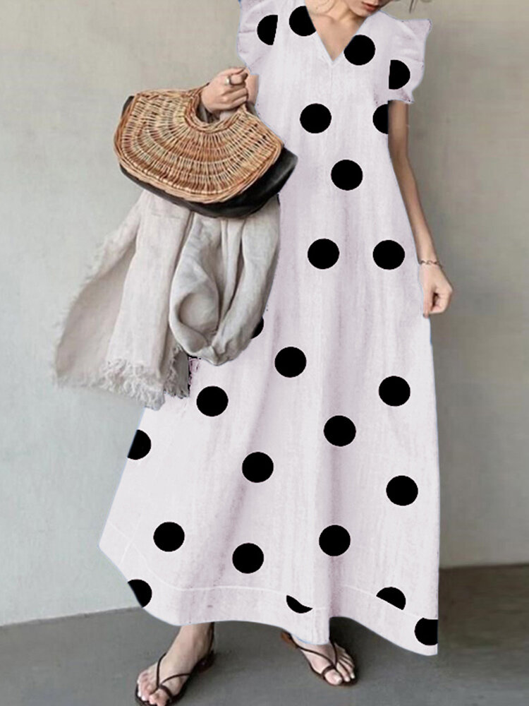 Polka Dot Sleeveless Ruffle V Neck Maxi Dress