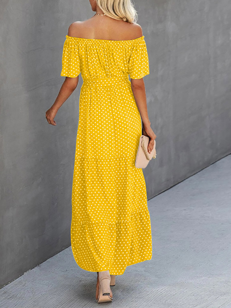 Dot Print Off Shoulder Short Sleeve Dress With Belt Dot Print Off Shoulder Short Sleeve Dress With Belt