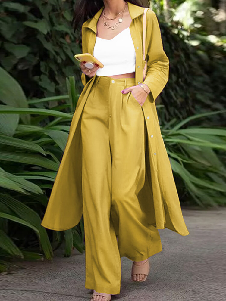 Solid Pocket Button Lapel Long Sleeve Two Pieces Set Women Solid Pocket Button Lapel Long Sleeve Two Pieces Set Women