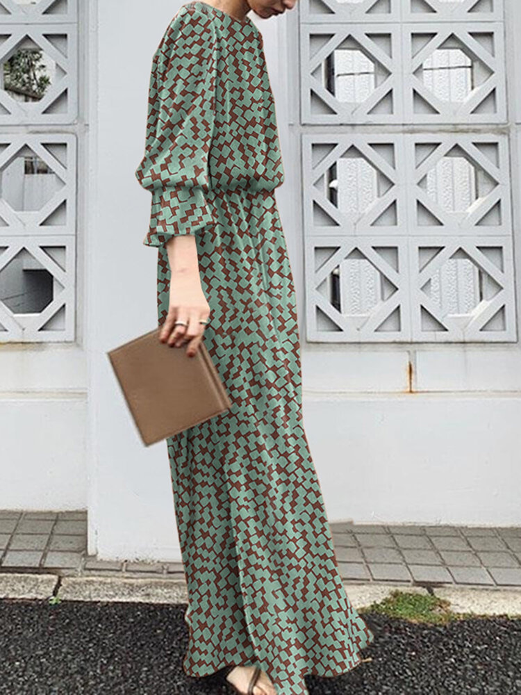 Geo Print Long Sleeve Slit Side Crew Neck Maxi Dress Geo Print Long Sleeve Slit Side Crew Neck Maxi Dress