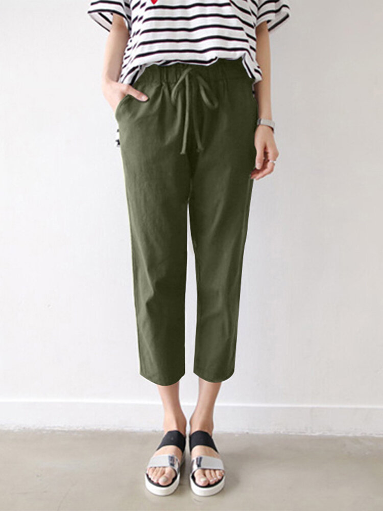 Leisure Solid Drawstring Pocket Cotton Casual Pants Leisure Solid Drawstring Pocket Cotton Casual Pants