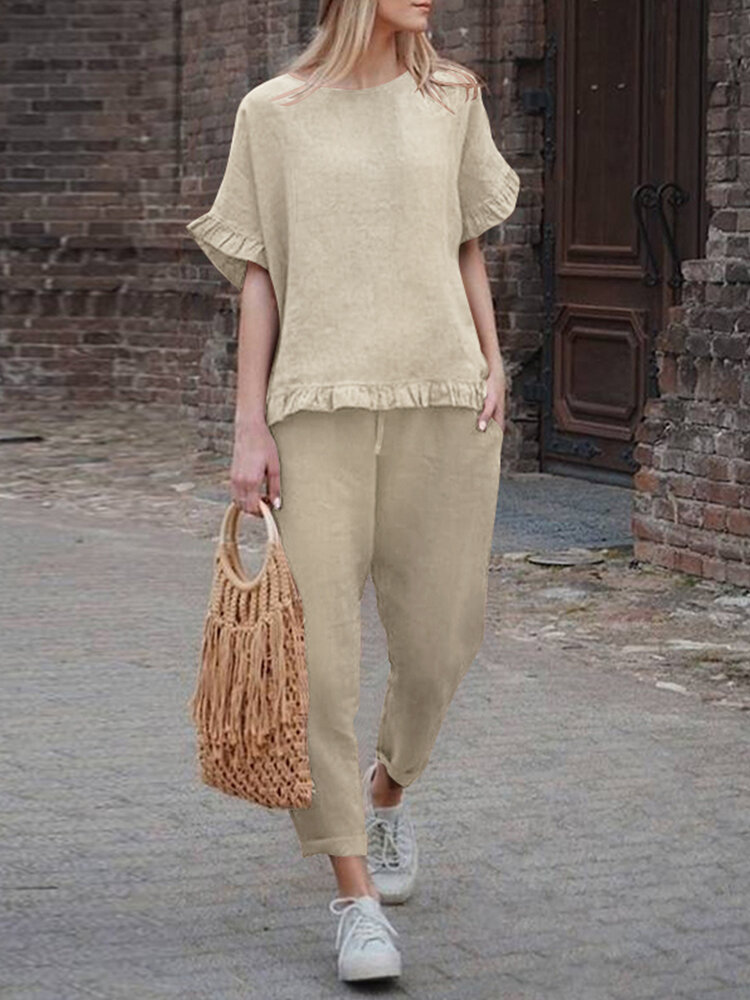 Solid Ruffle Pocket Half Sleeve Round Neck Suit Solid Ruffle Pocket Half Sleeve Round Neck Suit