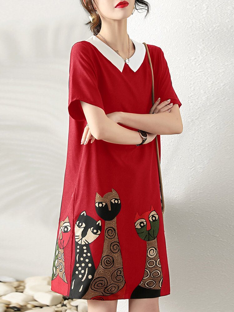 Cartoon Cat Print Contrast Peter Pan Collar Short Sleeve Dress Cartoon Cat Print Contrast Peter Pan Collar Short Sleeve Dress