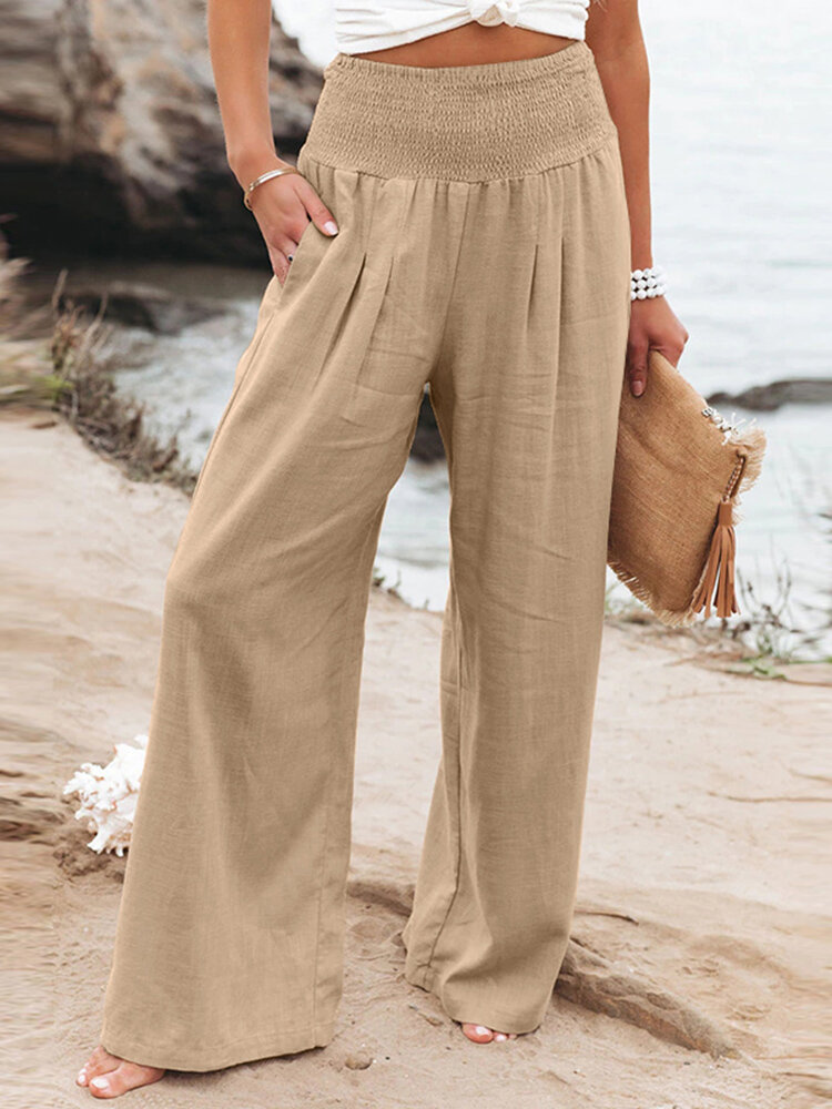 Leisure Solid Shirring Pocket Wide Leg Cotton Pants Leisure Solid Shirring Pocket Wide Leg Cotton Pants