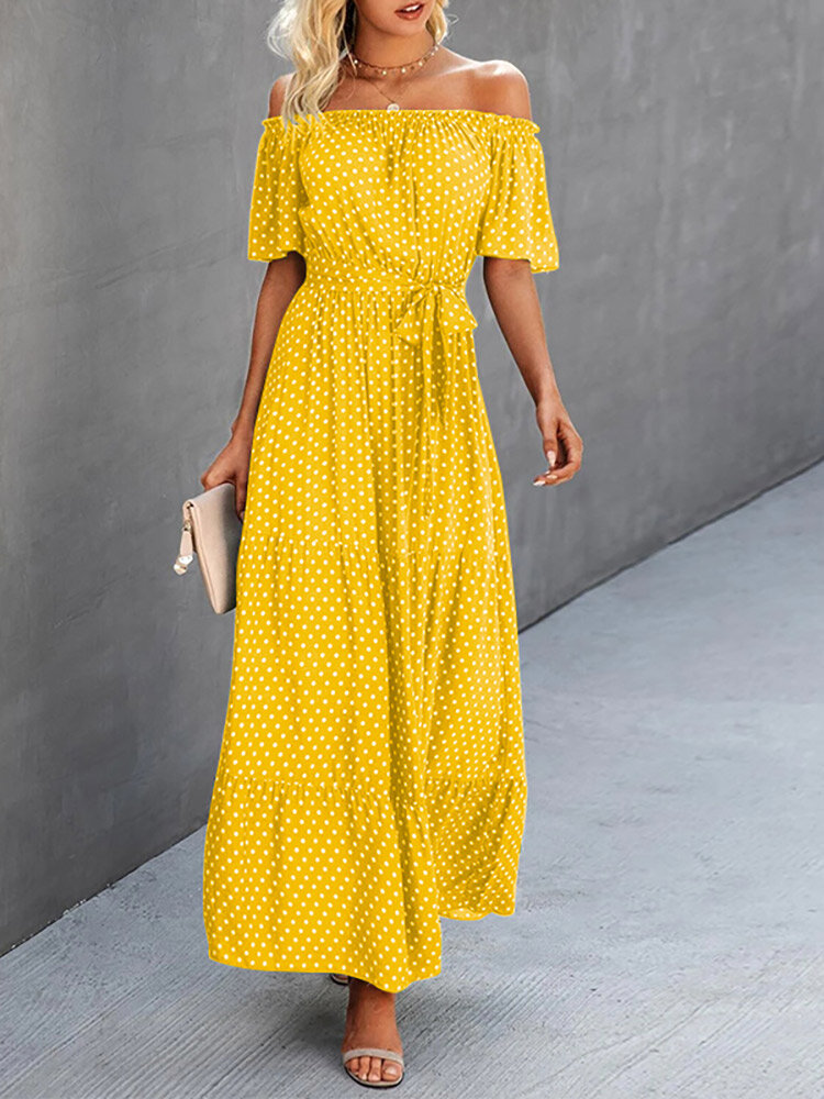 Dot Print Off Shoulder Short Sleeve Dress With Belt Dot Print Off Shoulder Short Sleeve Dress With Belt