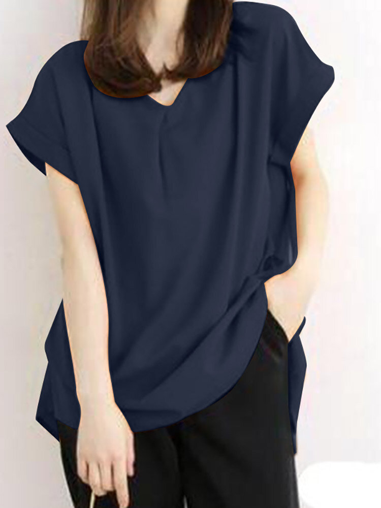 Solid Ruched Short Sleeve V Neck Casual Blouse Solid Ruched Short Sleeve V Neck Casual Blouse