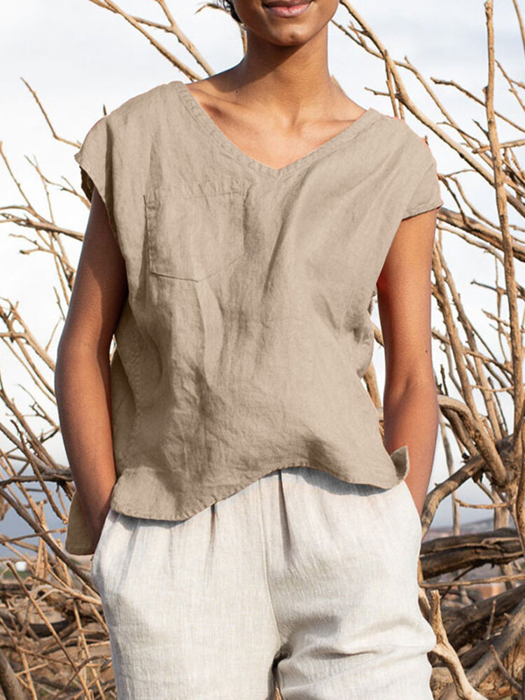 Solid Pocket Slit V neck Short Sleeve Casual Blouse Solid Pocket Slit V neck Short Sleeve Casual Blouse