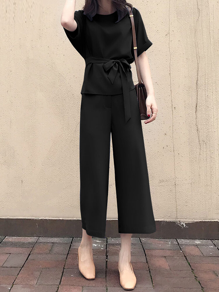 Solid Belt Pocket Rolled Sleeve Wide Leg Two Pieces Suit Solid Belt Pocket Rolled Sleeve Wide Leg Two Pieces Suit