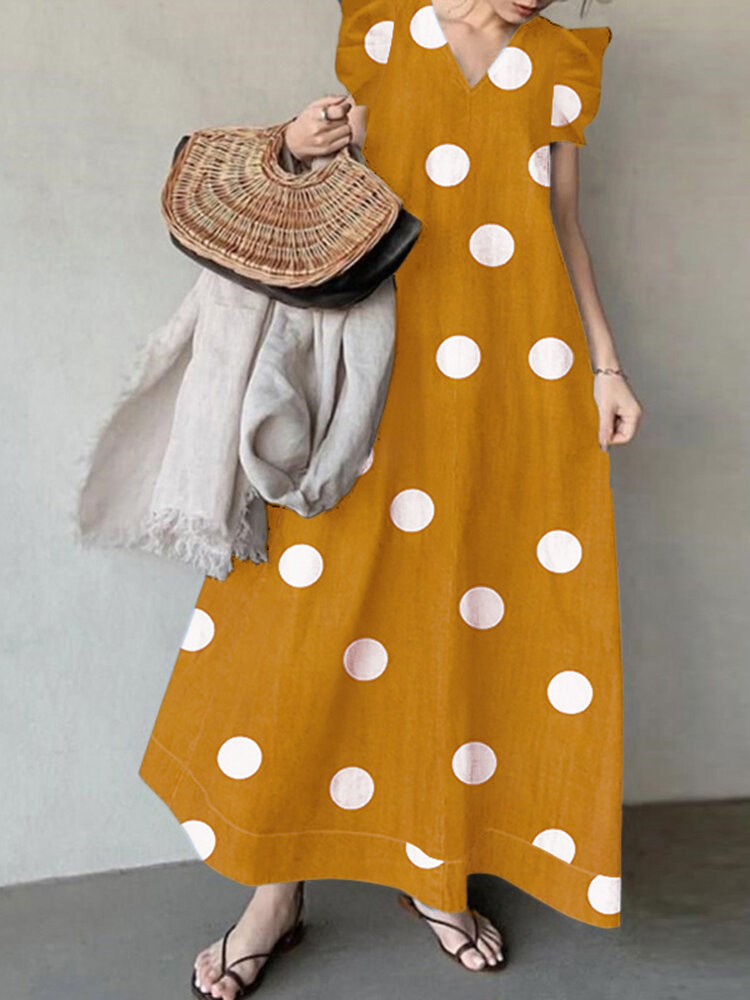 Polka Dot Sleeveless Ruffle V Neck Maxi Dress Polka Dot Sleeveless Ruffle V Neck Maxi Dress