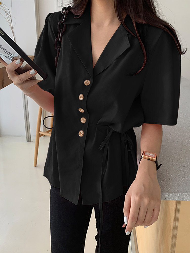 Solid Button Tie Up Lapel Short Sleeve Casual Cotton Blouse Solid Button Tie Up Lapel Short Sleeve Casual Cotton Blouse