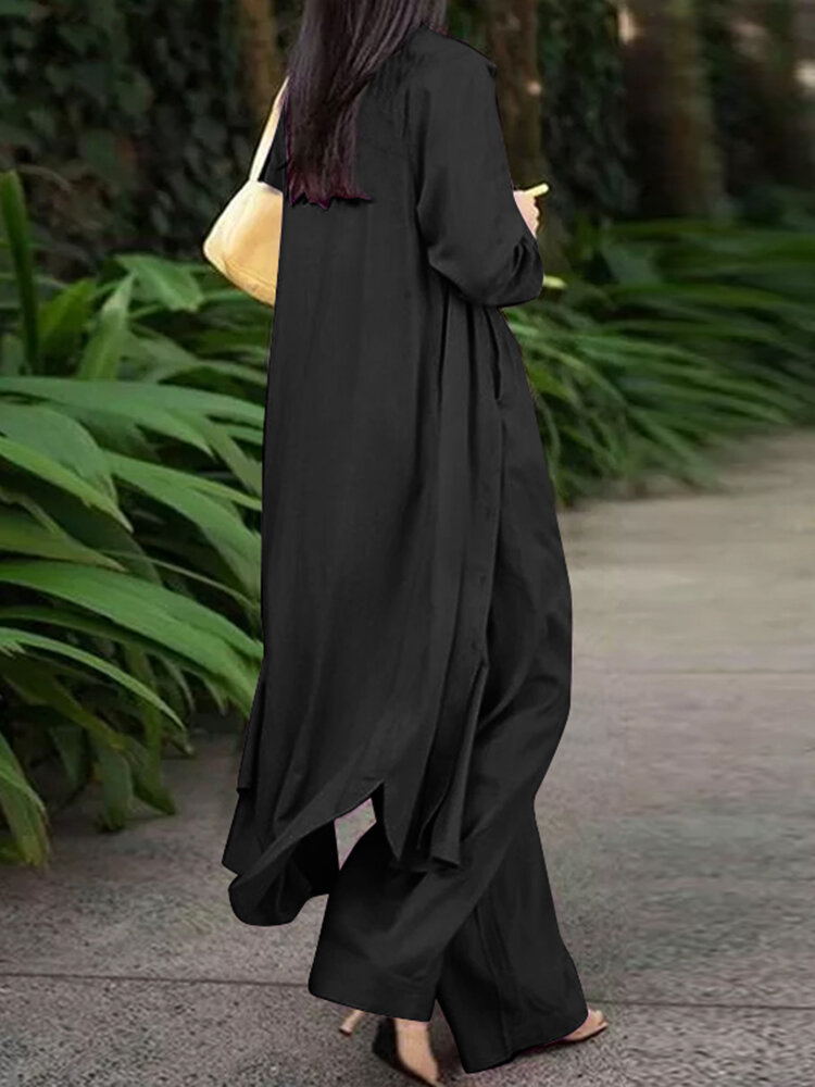 Solid Pocket Button Lapel Long Sleeve Two Pieces Set Women Solid Pocket Button Lapel Long Sleeve Two Pieces Set Women