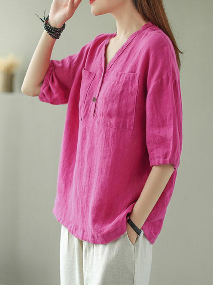 Solid Button Pocket V Neck Half Sleeve Casual Cotton Blouse Solid Button Pocket V Neck Half Sleeve Casual Cotton Blouse