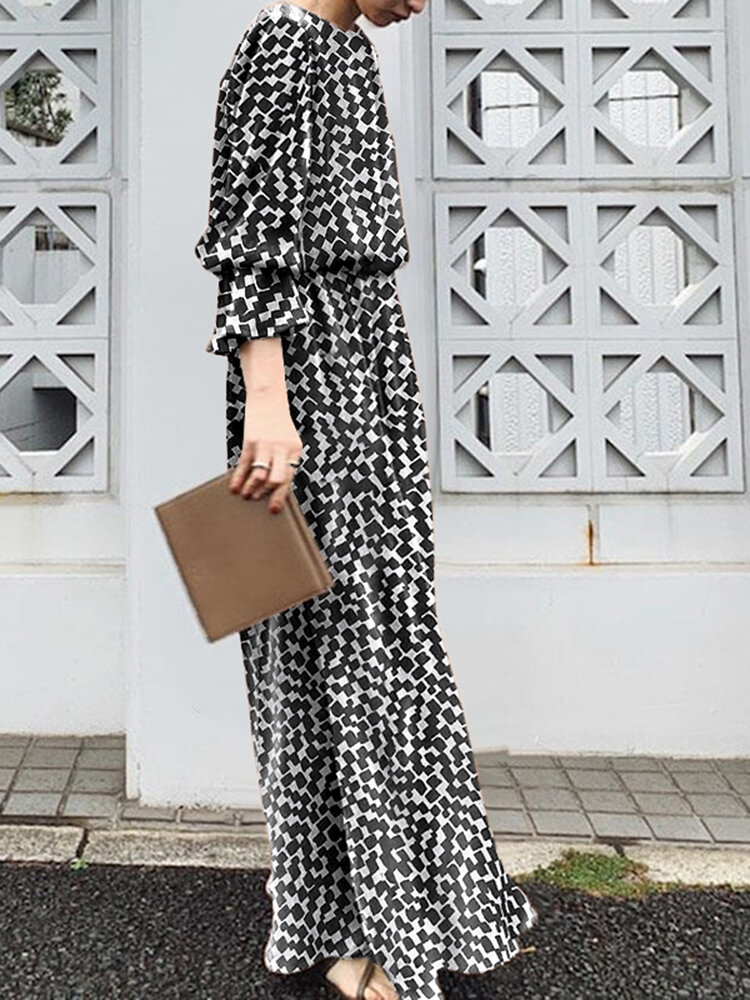 Geo Print Long Sleeve Slit Side Crew Neck Maxi Dress Geo Print Long Sleeve Slit Side Crew Neck Maxi Dress