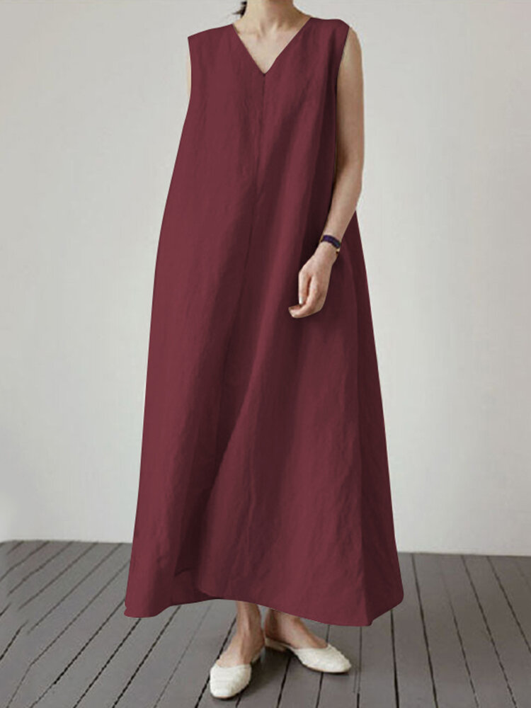 Solid V Neck Sleeveless Casual Cotton Maxi Dress Solid V Neck Sleeveless Casual Cotton Maxi Dress