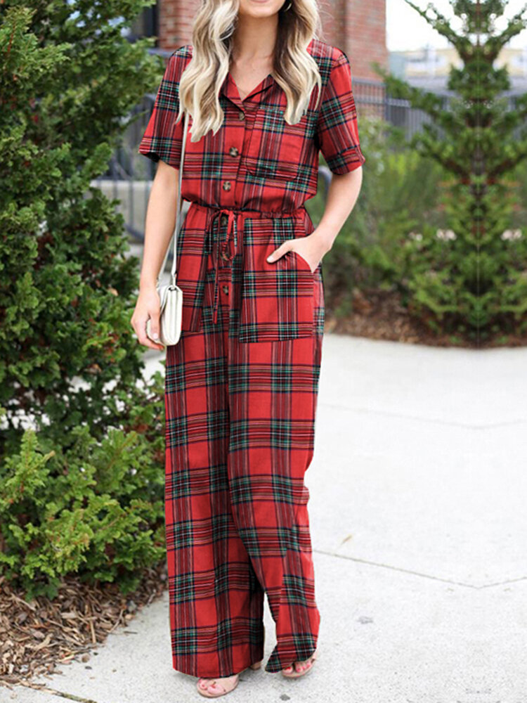 Plaid Print Button Pocket Short Sleeve Wide Leg Jumpsuit
