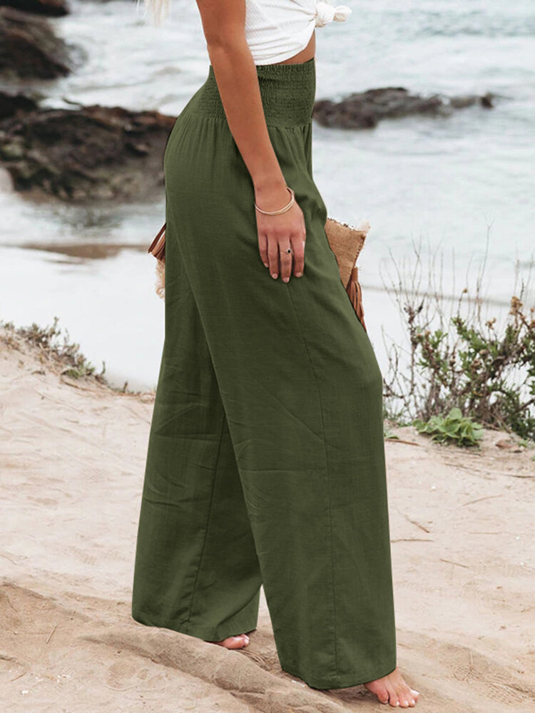 Leisure Solid Shirring Pocket Wide Leg Cotton Pants Leisure Solid Shirring Pocket Wide Leg Cotton Pants