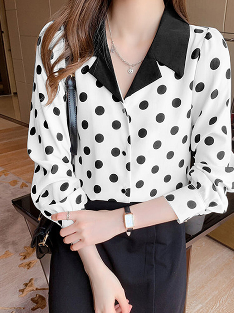 Polka Dot Contrast Color Lapel Button Long Sleeve Casual Shirt Polka Dot Contrast Color Lapel Button Long Sleeve Casual Shirt
