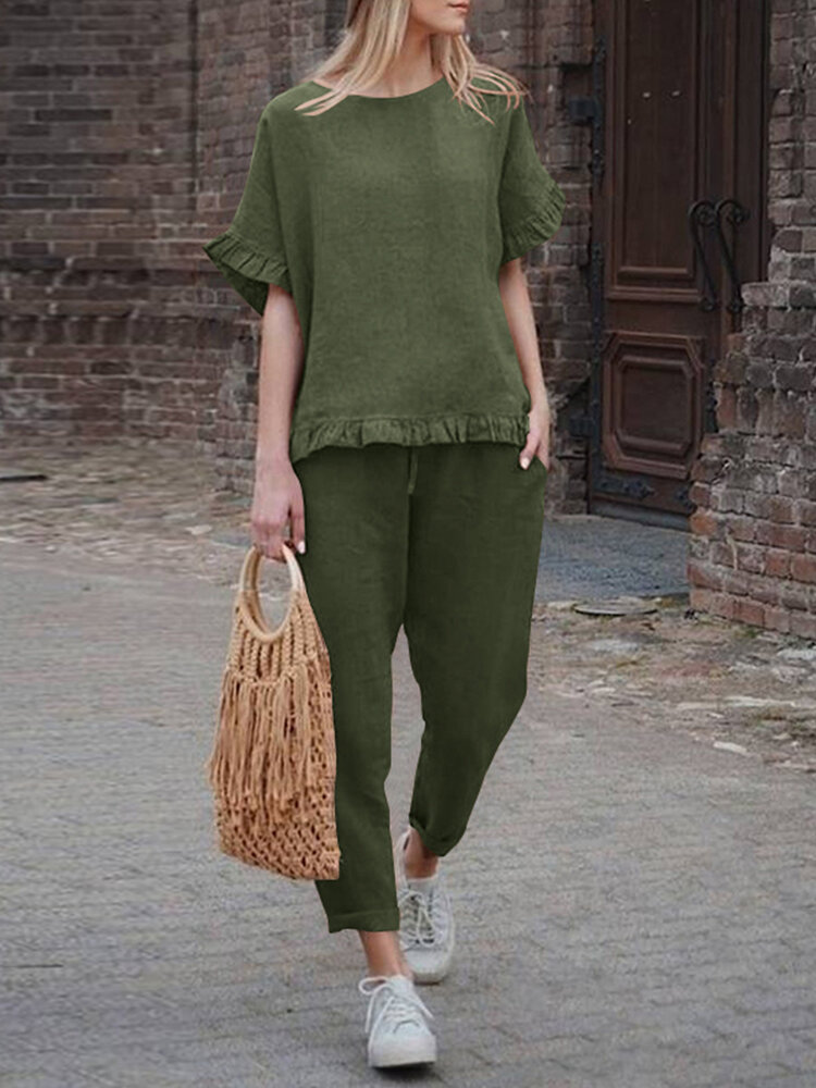 Solid Ruffle Pocket Half Sleeve Round Neck Suit Solid Ruffle Pocket Half Sleeve Round Neck Suit