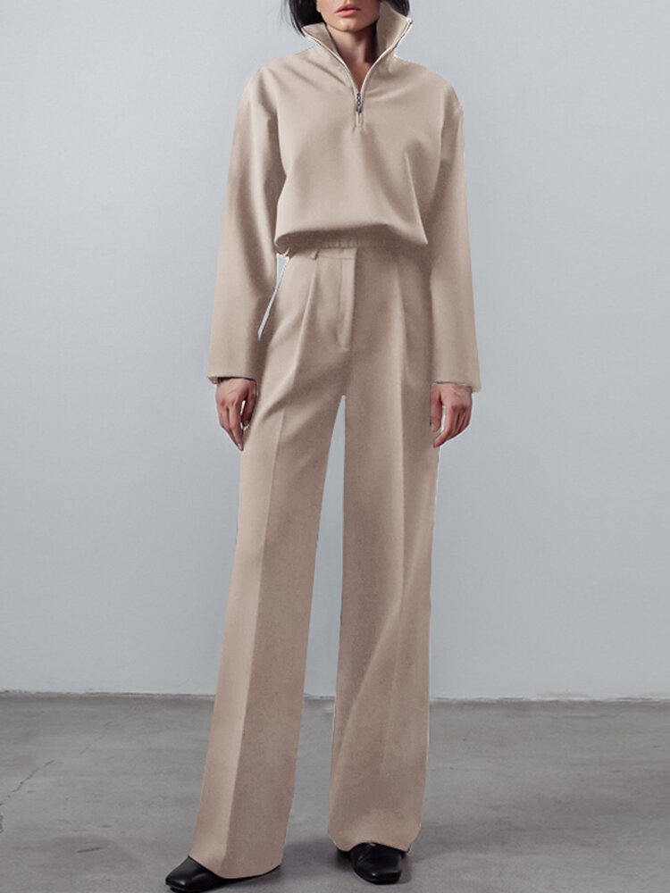 Solid Zip Front Hasp Long Sleeve Lapel Two Pieces Set Solid Zip Front Hasp Long Sleeve Lapel Two Pieces Set
