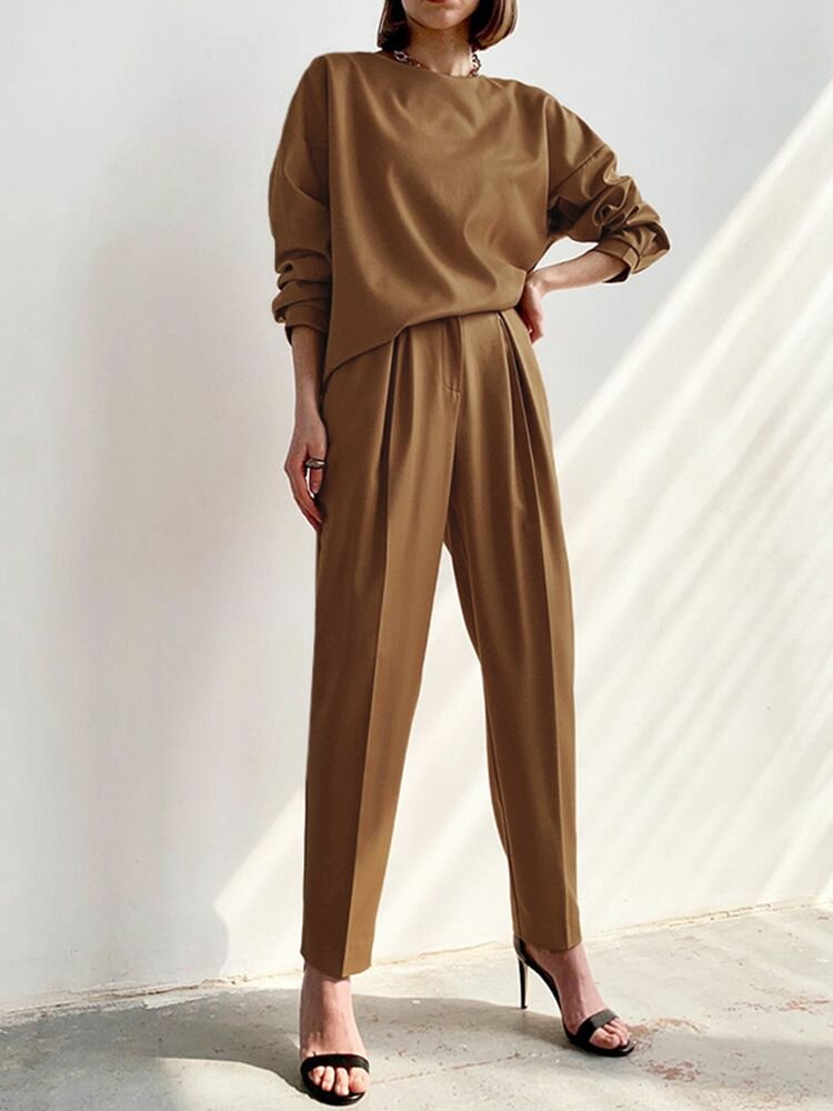 Solid Zip Button Pocket Long Sleeve Two Pieces Set