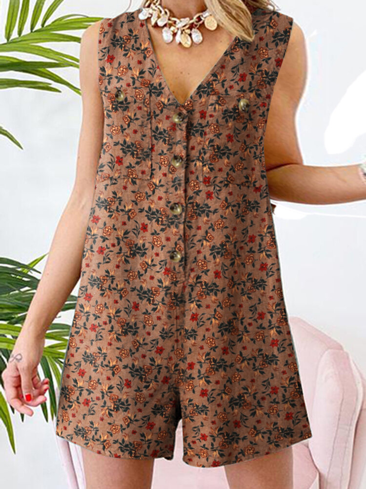 Leisure Calico Button Pocket Sleeveless V Neck Cotton Romper Leisure Calico Button Pocket Sleeveless V Neck Cotton Romper