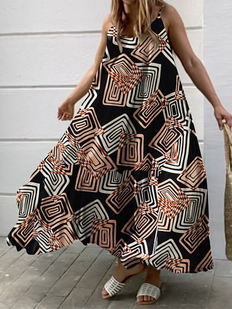 Geometry Print Backless Sleeveless V Neck Spaghetti Maxi Dress Geometry Print Backless Sleeveless V Neck Spaghetti Maxi Dress