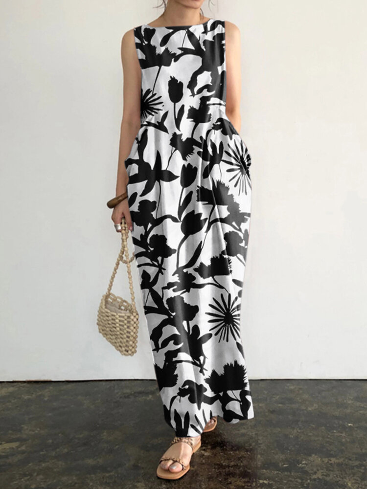 Plant Print Pocket Round Neck Sleeveless Print Dress Plant Print Pocket Round Neck Sleeveless Print Dress