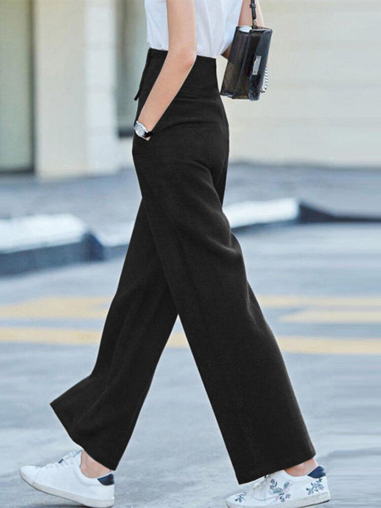 Solid Pocket Button Wide Leg High Waist Casual Pants Solid Pocket Button Wide Leg High Waist Casual Pants