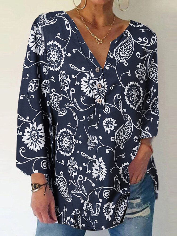 Print Button Long Sleeve Casual Blouse