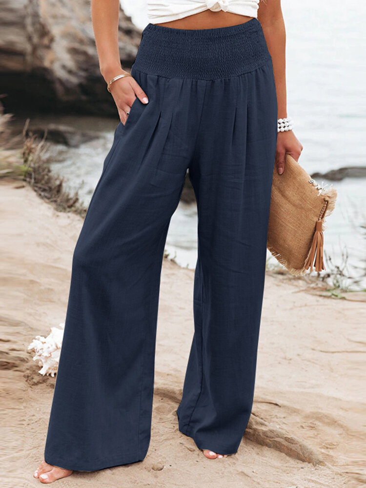 Leisure Solid Shirring Pocket Wide Leg Cotton Pants Leisure Solid Shirring Pocket Wide Leg Cotton Pants
