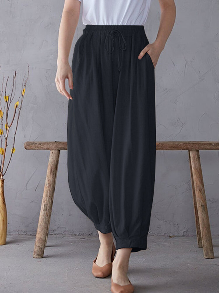 Solid Elastic Waist Drawstring Pocket Cotton Casual Pants Solid Elastic Waist Drawstring Pocket Cotton Casual Pants