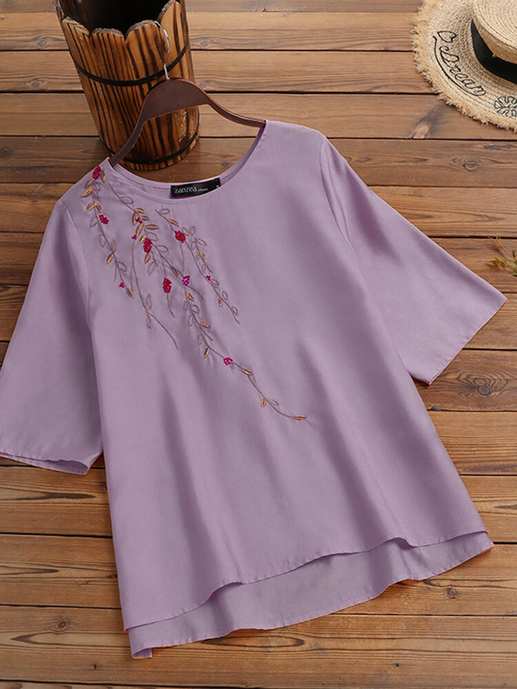 Plants Embroidered Round Neck Half Sleeve Casual Blouse Plants Embroidered Round Neck Half Sleeve Casual Blouse