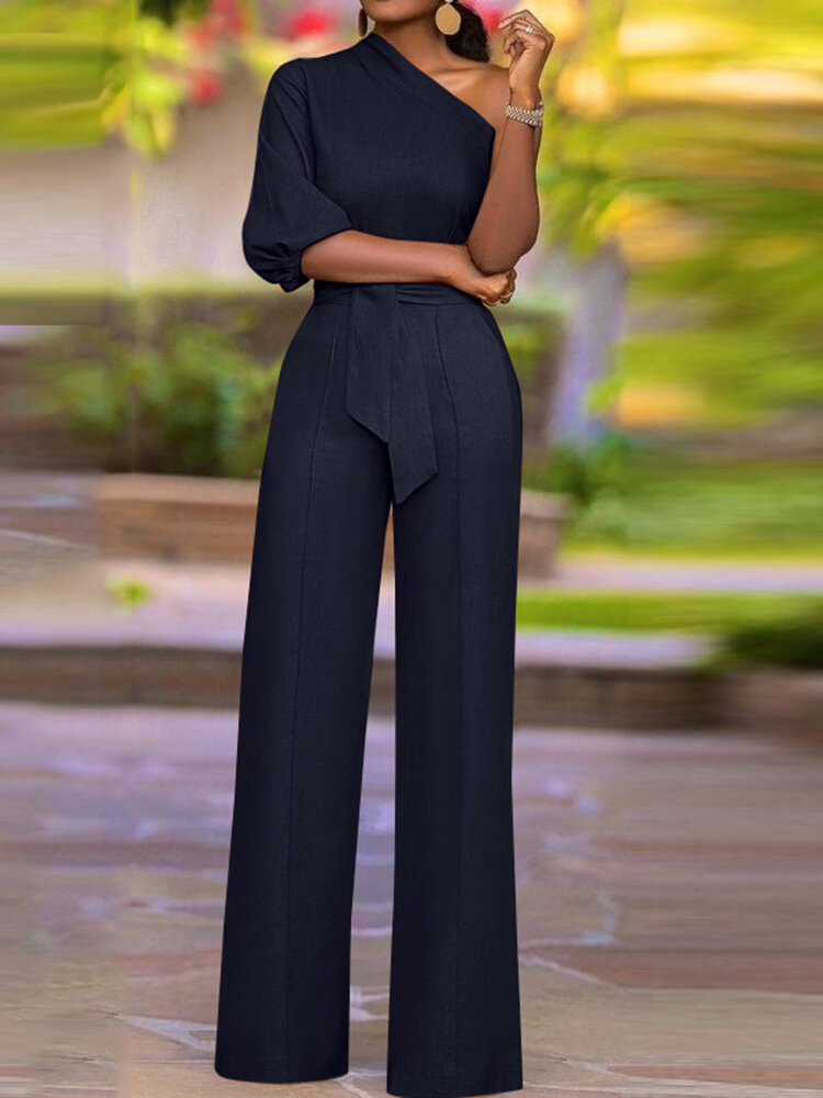 High Waist Solid Pocket Asymmetrical One Shoulder Jumpsuit High Waist Solid Pocket Asymmetrical One Shoulder Jumpsuit