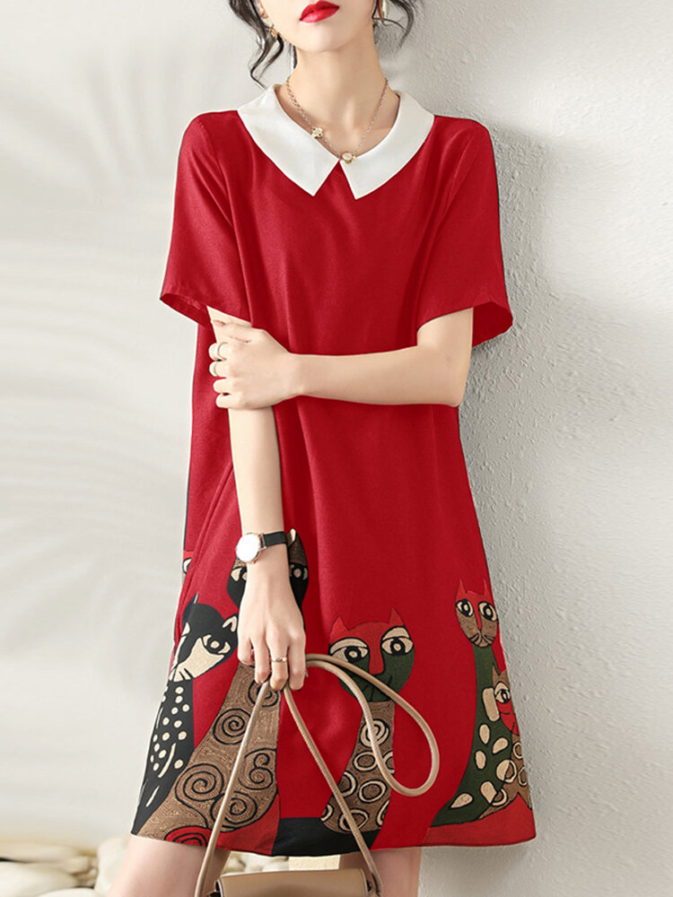Cartoon Cat Print Contrast Peter Pan Collar Short Sleeve Dress Cartoon Cat Print Contrast Peter Pan Collar Short Sleeve Dress