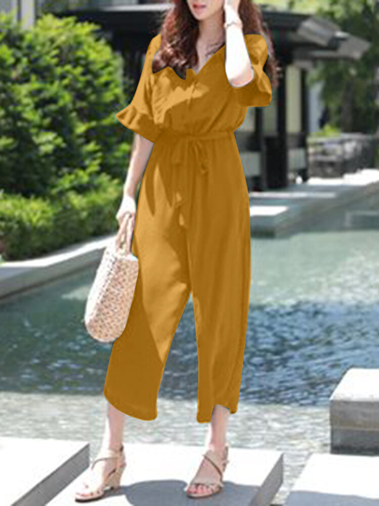 Solid Belt Pocket Button Ruffle Sleeve V neck Jumpsuit Solid Belt Pocket Button Ruffle Sleeve V neck Jumpsuit