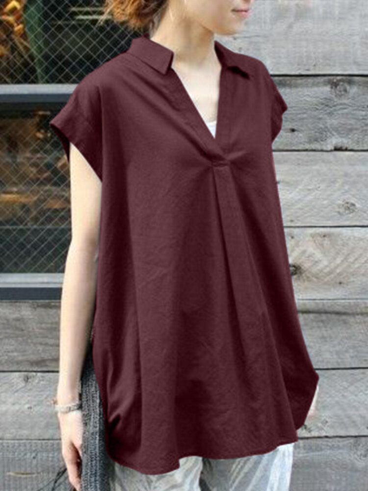Solid Ruched V Neck Short Sleeve Casual Blouse