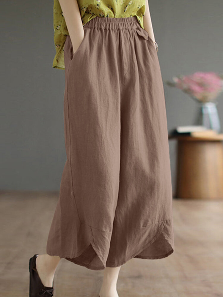 Solid Asymmetrical Hem Pocket Wide Leg Crop Pants Solid Asymmetrical Hem Pocket Wide Leg Crop Pants