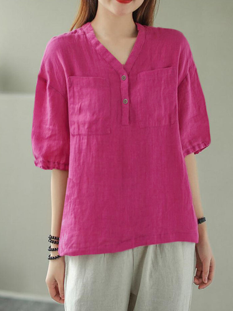 Solid Button Pocket V Neck Half Sleeve Casual Cotton Blouse Solid Button Pocket V Neck Half Sleeve Casual Cotton Blouse