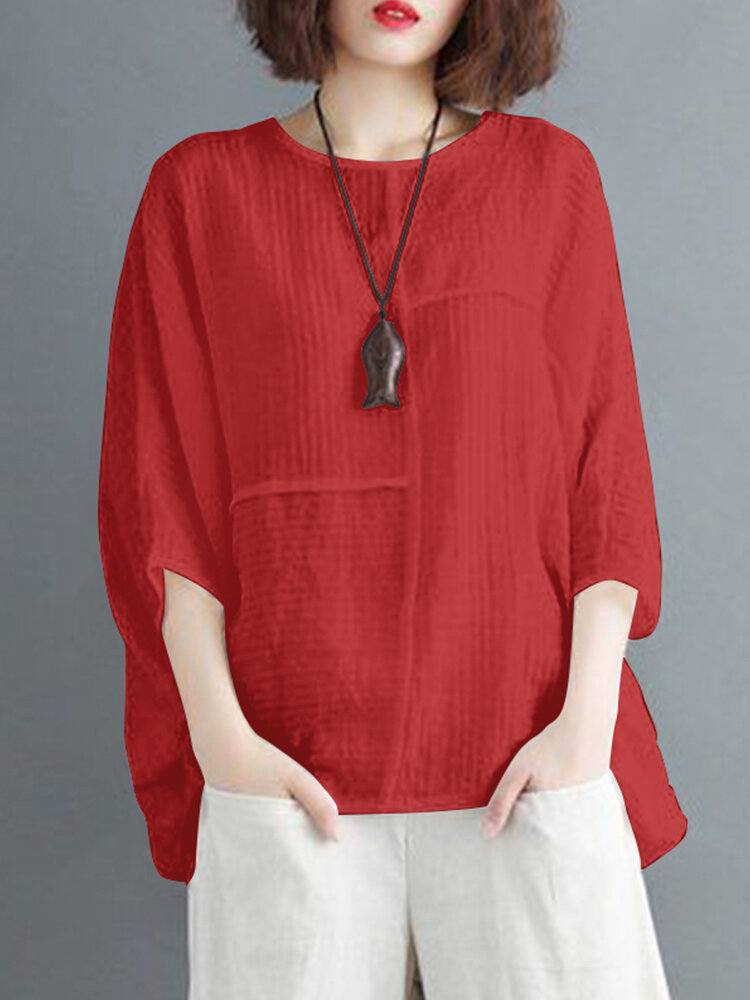 Solid Round Neck Bat Sleeve Casual Blouse Solid Round Neck Bat Sleeve Casual Blouse