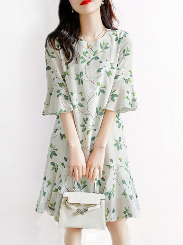 Flower Print Bell Sleeve Crew Neck Keyhole Back Dress