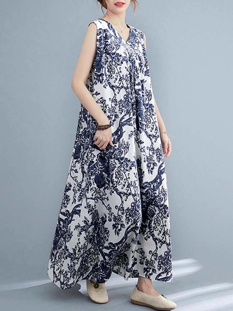 Plant Print Ruched Sleeveless Casual Maxi Cotton Dress Plant Print Ruched Sleeveless Casual Maxi Cotton Dress