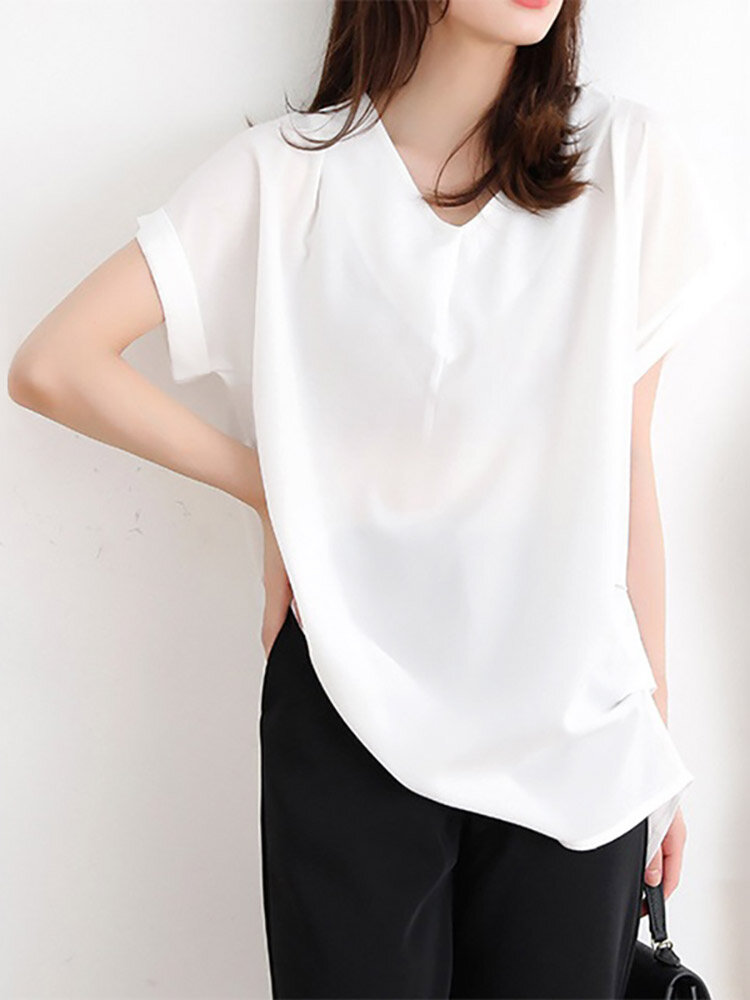 Solid Ruched Short Sleeve V Neck Casual Blouse Solid Ruched Short Sleeve V Neck Casual Blouse