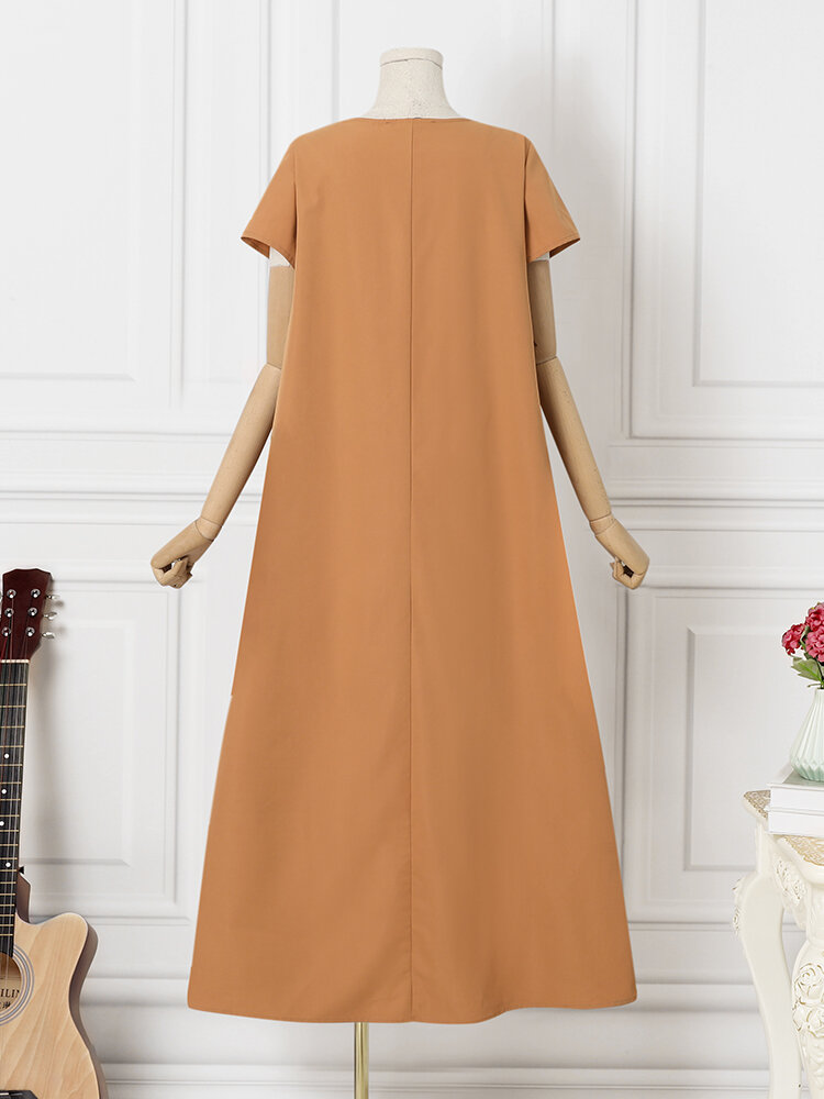 Solid Lettuce Edge V neck Short Sleeve Swing Maxi Dress Solid Lettuce Edge V neck Short Sleeve Swing Maxi Dress